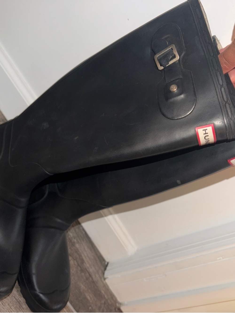 Hunter Black Rubber Knee-High Rain Boots with Side Buckle